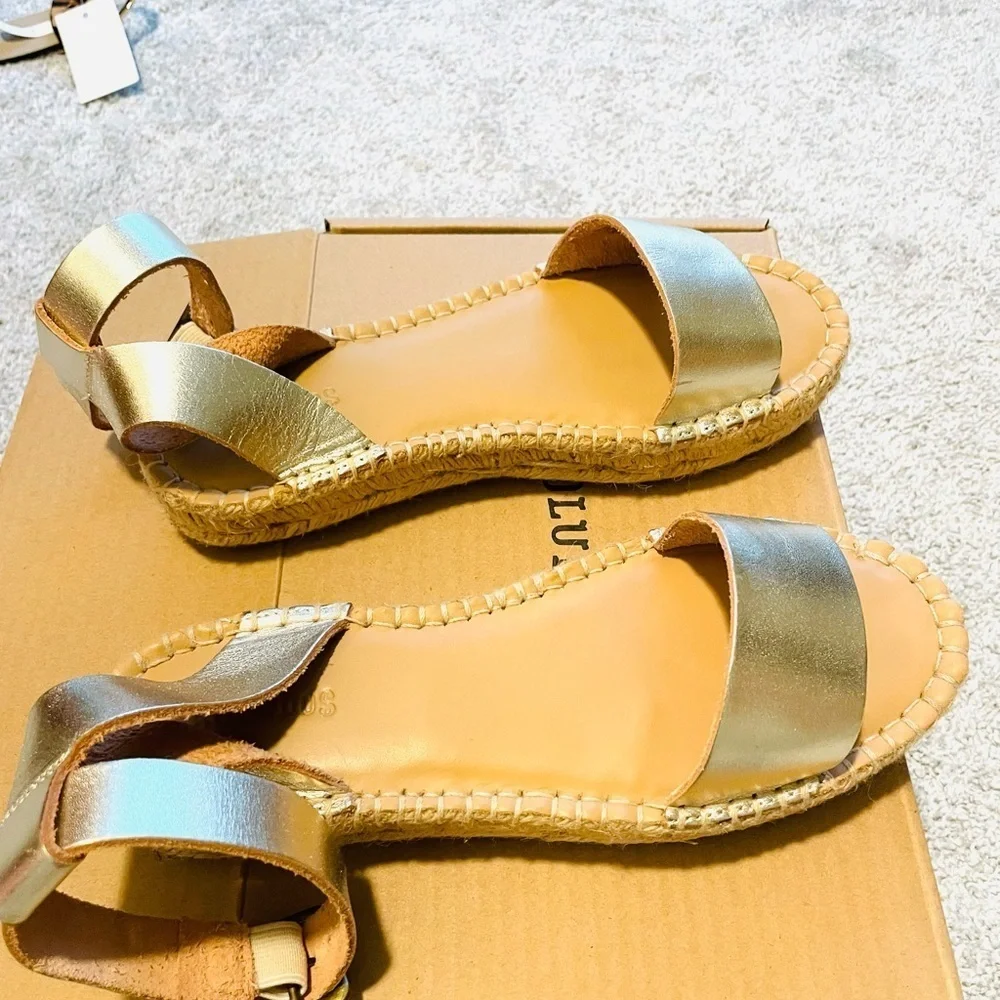 SOLUTOS Cadiz Leather Gold Espadrilles platform ankle Sandals size 6